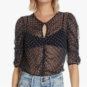 Frame Sheer Ruched Polka Dot Top In Navy Blue Size XS
